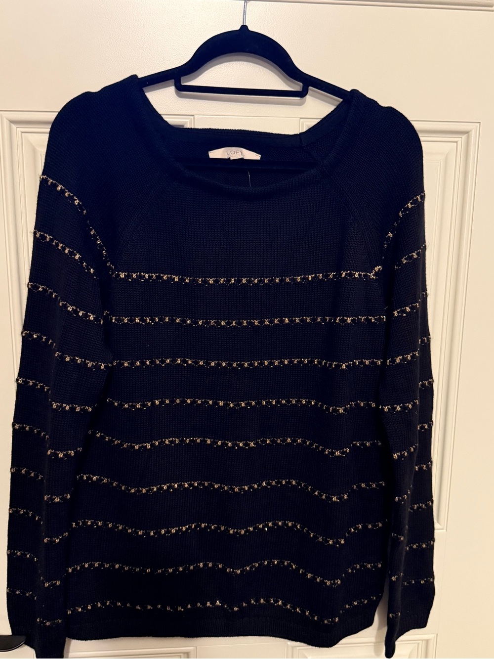 LOFT Black Crewneck Sweater with Gold Metallic Stripe Detail